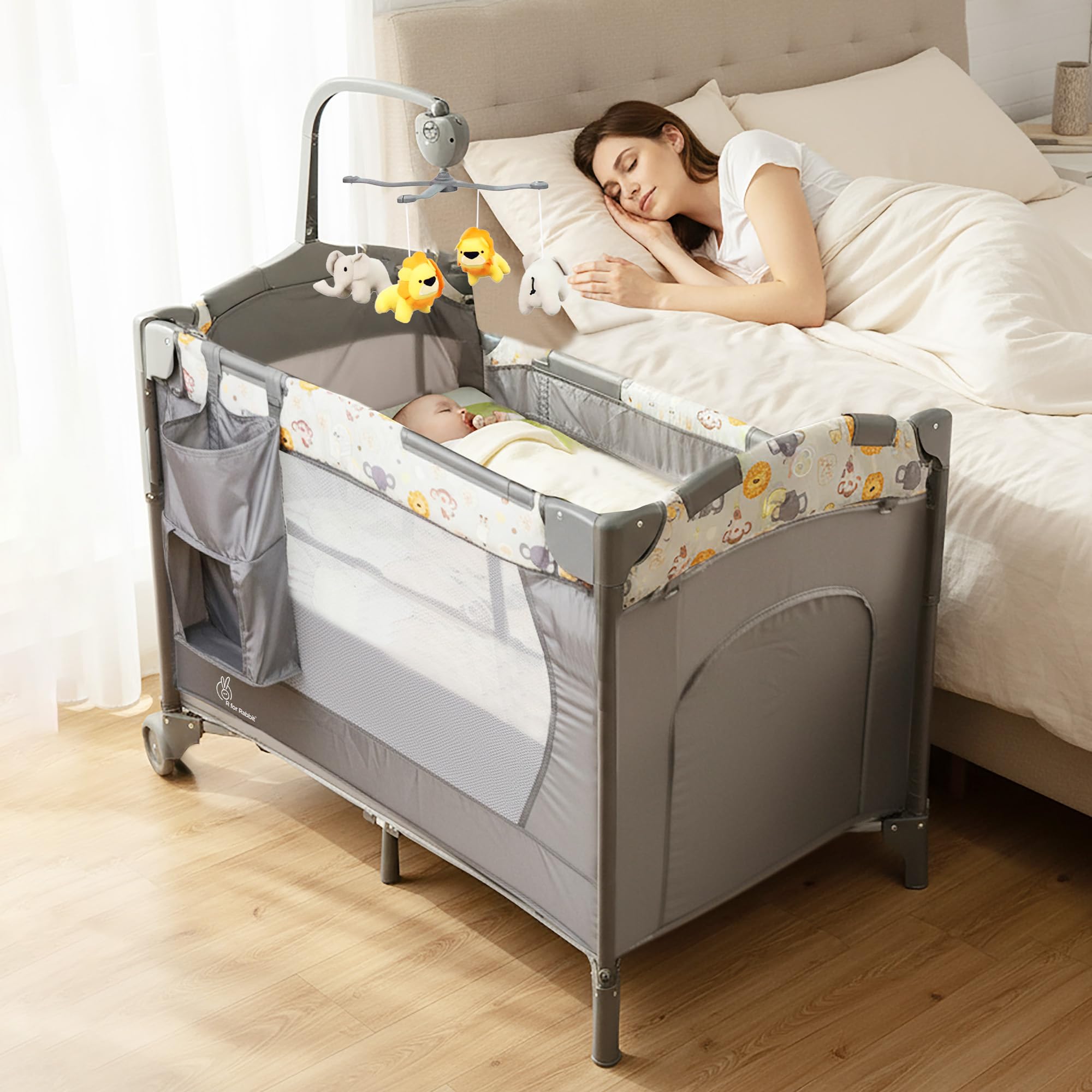 R for Rabbit Hide N Seek Multiplay Baby Cot Foldable with Travel Bag Convertible Bedside Bassinet Mode Music, Toys and Engagement Diaper Changing Mat and Organizer 0-3 Years (Black Multi)-image-23