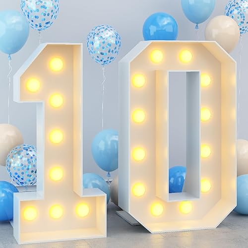 Marco de números luminosos de marquesina de 4 pies con números 10 para fiesta de cumpleaños de 10 años, cartón grande con bombillas precortadas, kit
