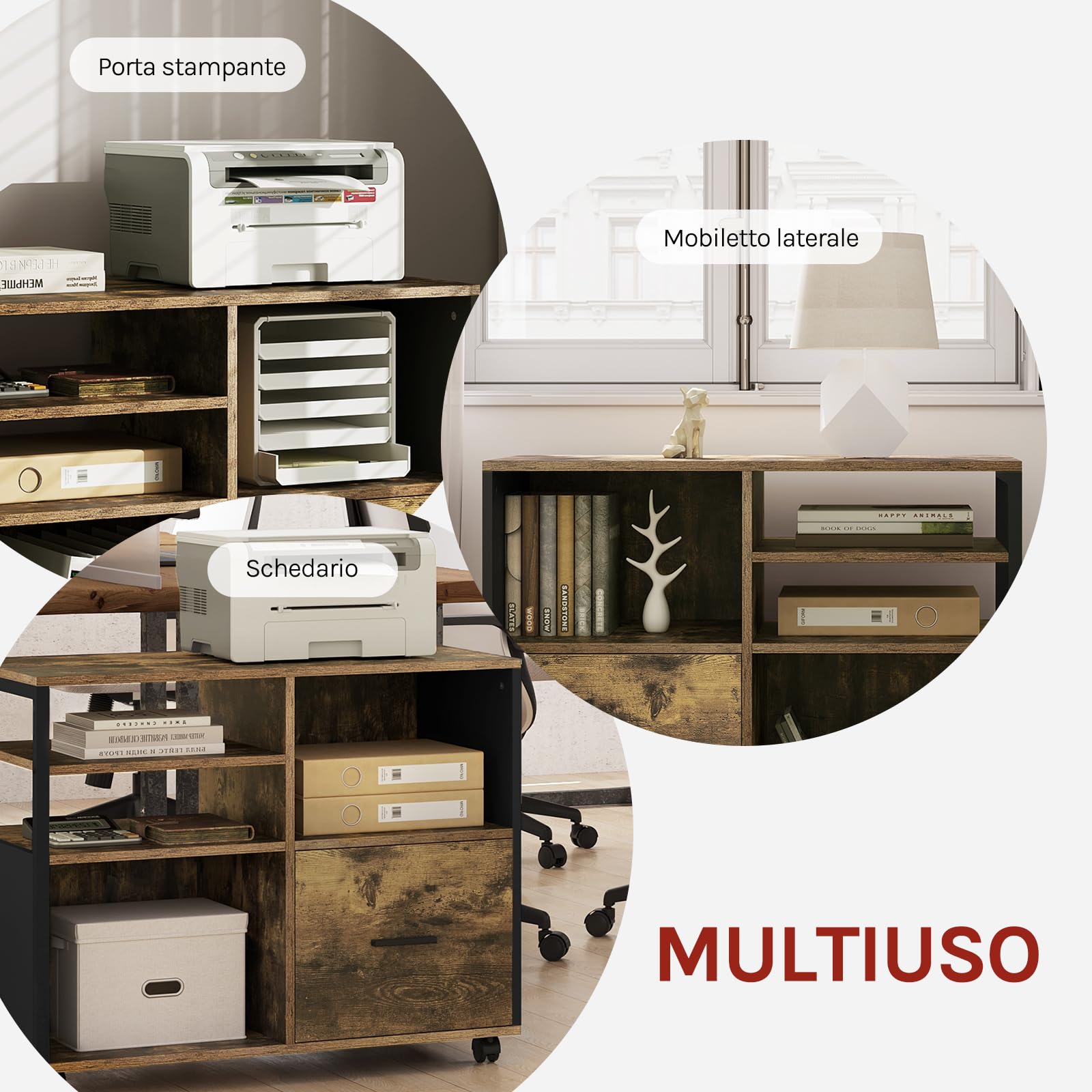 WOLTU Schedario da Ufficio con 4 Scomparti a Giorno, Mobile da Ufficio per Documenti con Ruote, Mobile Vintage per Stampante con 1 Cassetto, in Legno e Metallo, Marrone Rustico e Nero, ASK05hov