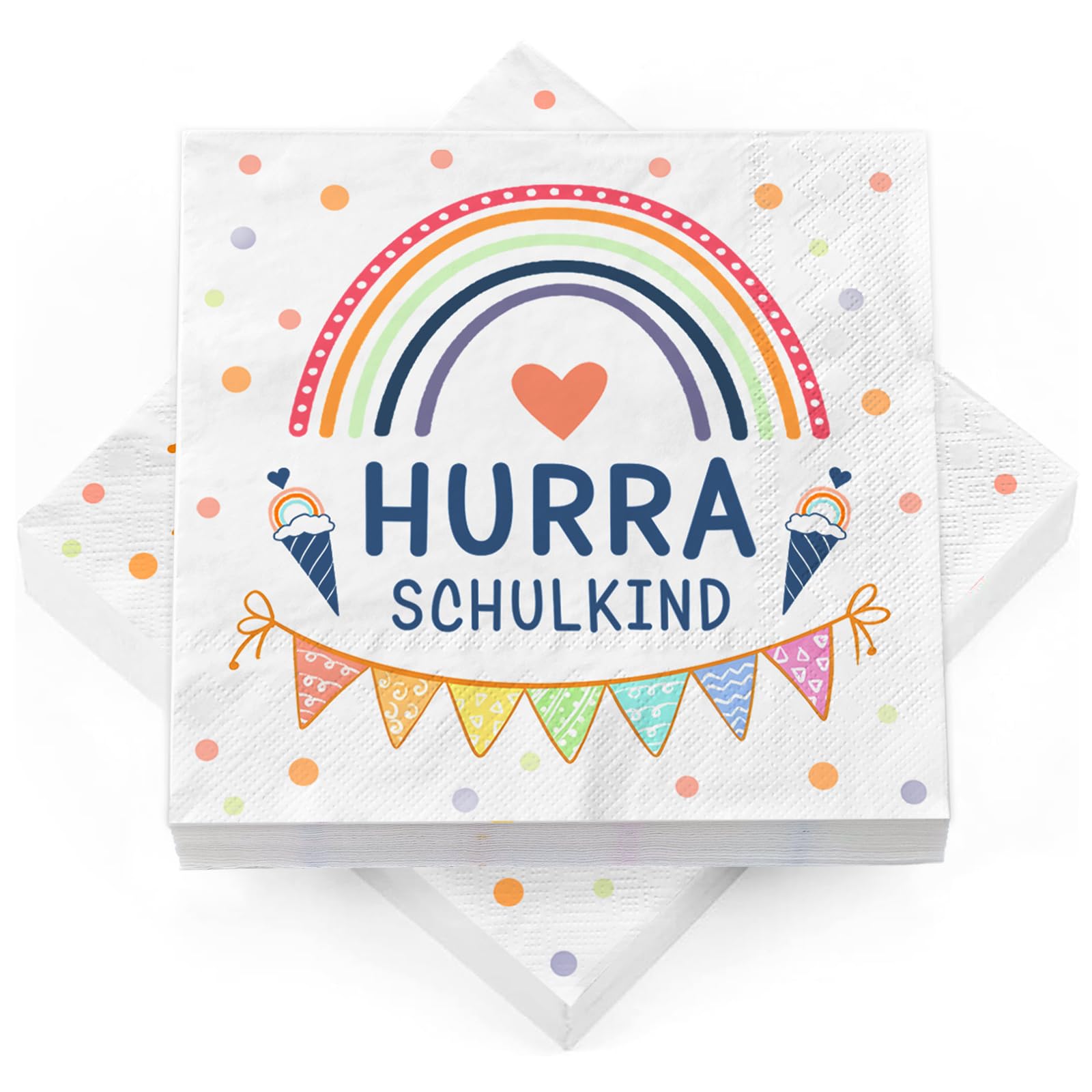40 Stück Servietten Einschulung – HURRA SCHULKIND, 33 x 33 cm –Regenbogen Einschulung Deko Schulkind 2025 Mädchen Junge, Tischdeko Einschulung