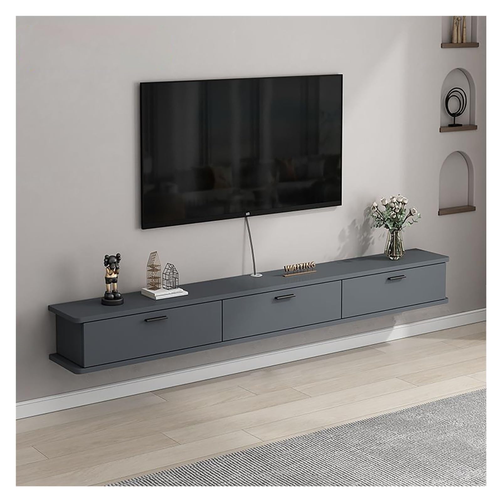 Meuble TV mural flottant gris, console multimédia de 120 cm