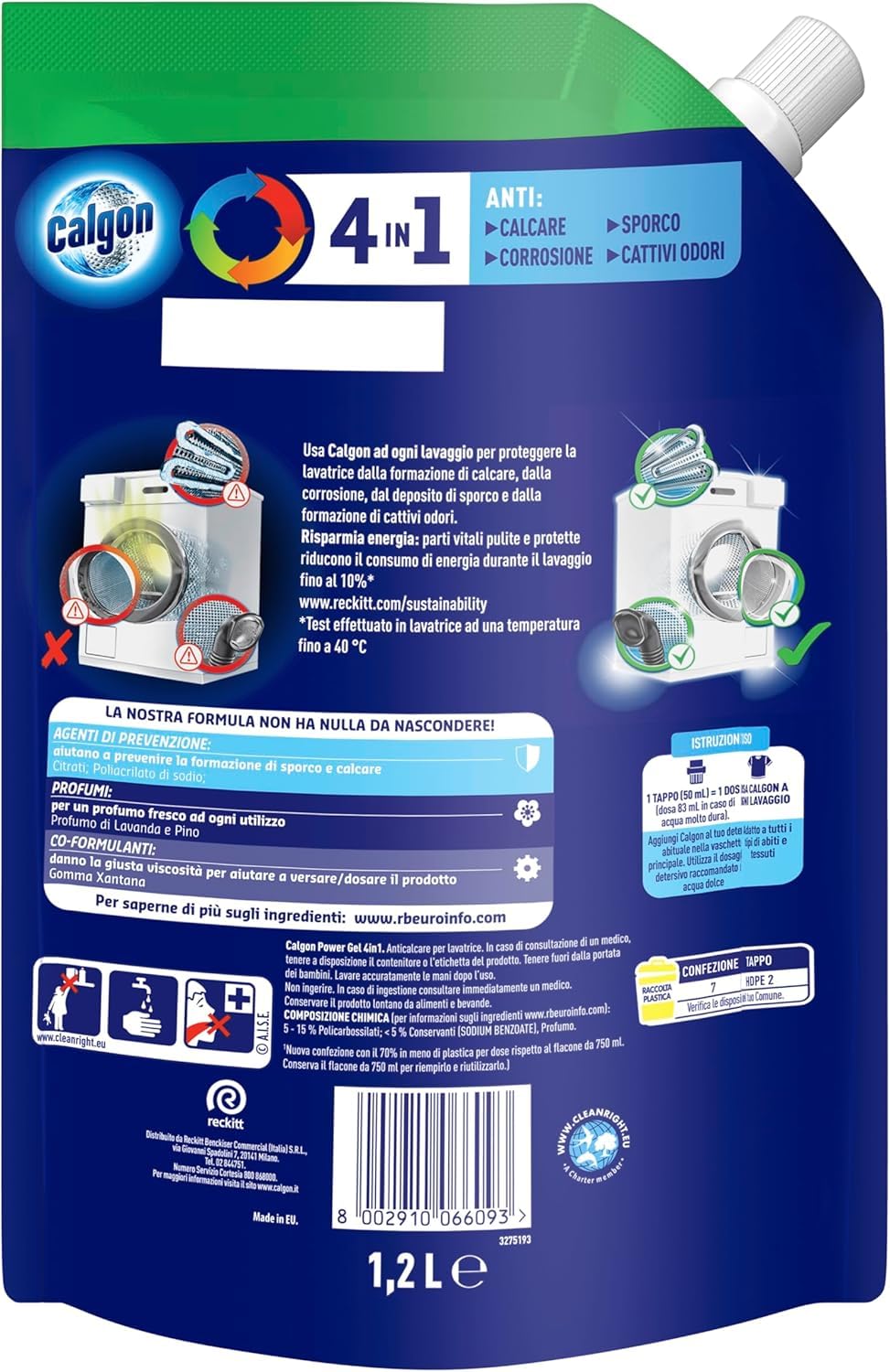 Calgon Power Gel Anticalcare Lavatrice 4 in 1, 1.2l Additivo per Capi Morbidi, per una Protezione da Calcare, Corrosione, Sporco e Cattivi Odori