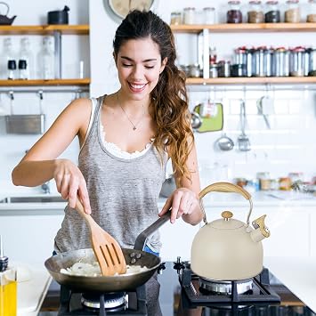Whistling Kettle, 2.5L Stainless Steel Stove Top Whistling Tea Kettle with Wood Grain Handle, Teapot for Gas Hobs, Induction, Cooker and Electric Hobs (Beige)