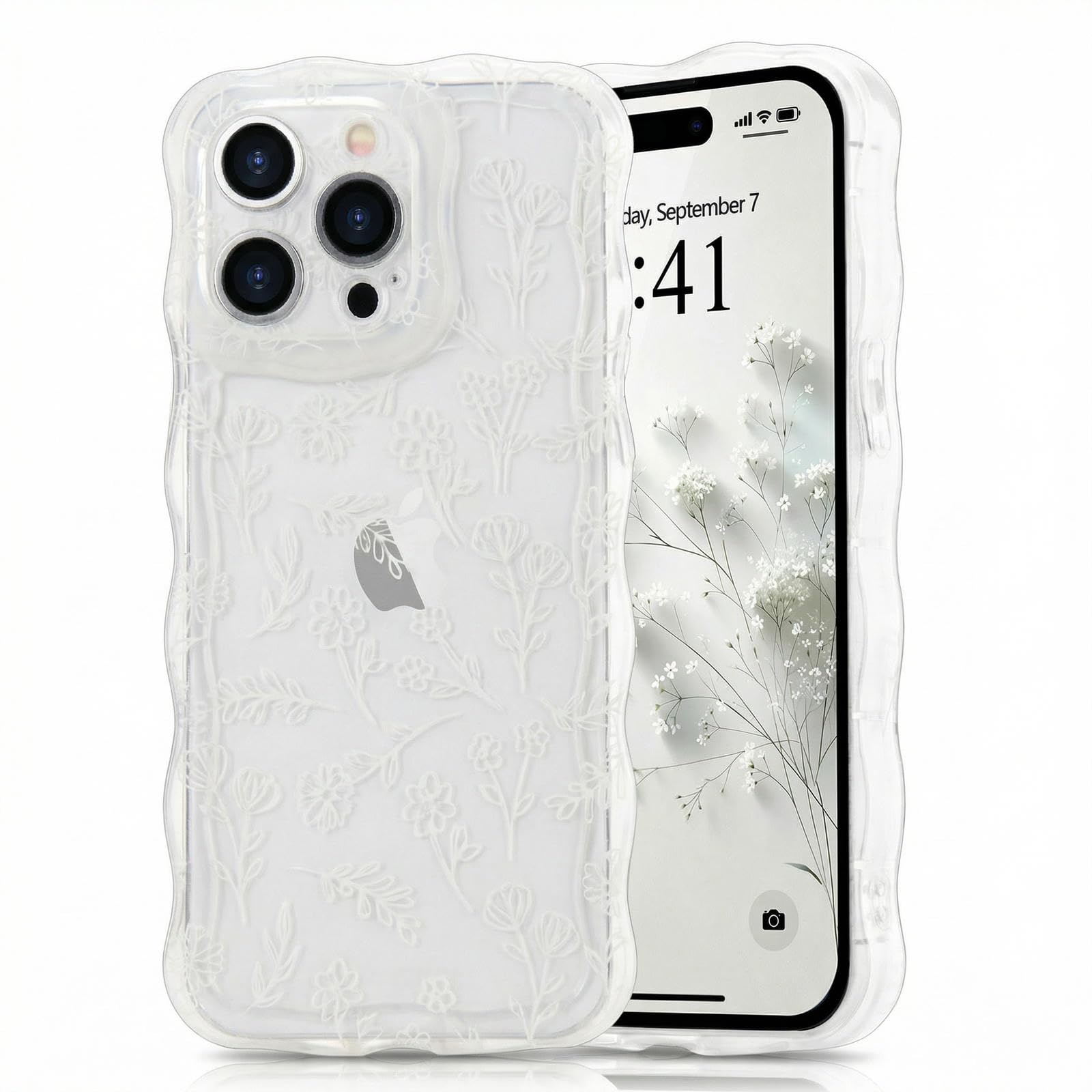 Micoden for iPhone 14 Pro Case, Cute Floral Girls Women Soft Case Silicone Shockproof Curly Wave Wavy Edge Camera Protection Cover Clear Thin[Non