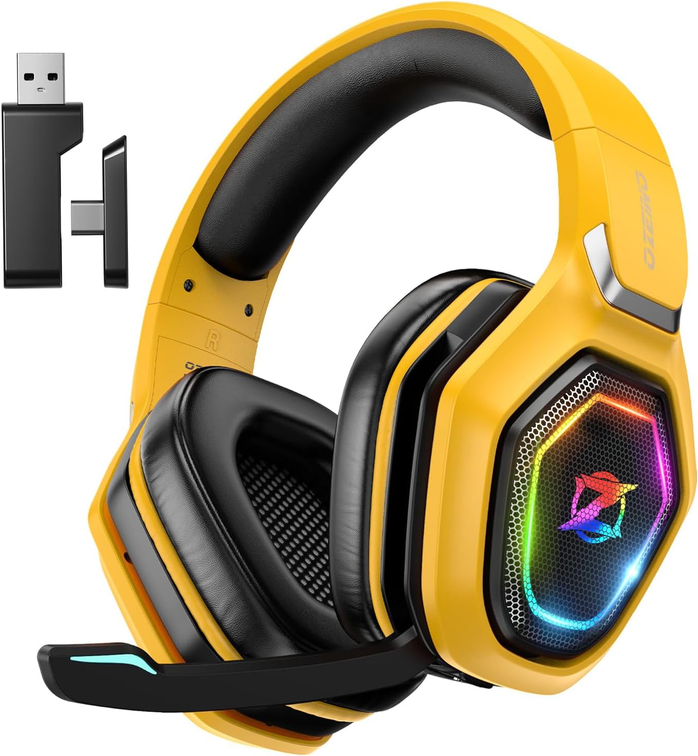 Ozeino Wireless Gaming Headsets for PC, Ps5, Ps4 - Lossless Audio USB-A & USB-C Gaming Headphones with Flip Mic, 30-Hr Battery Bluetooth Headset for Switch, Laptop, Mobile, Mac, Black-Yellow, OW810