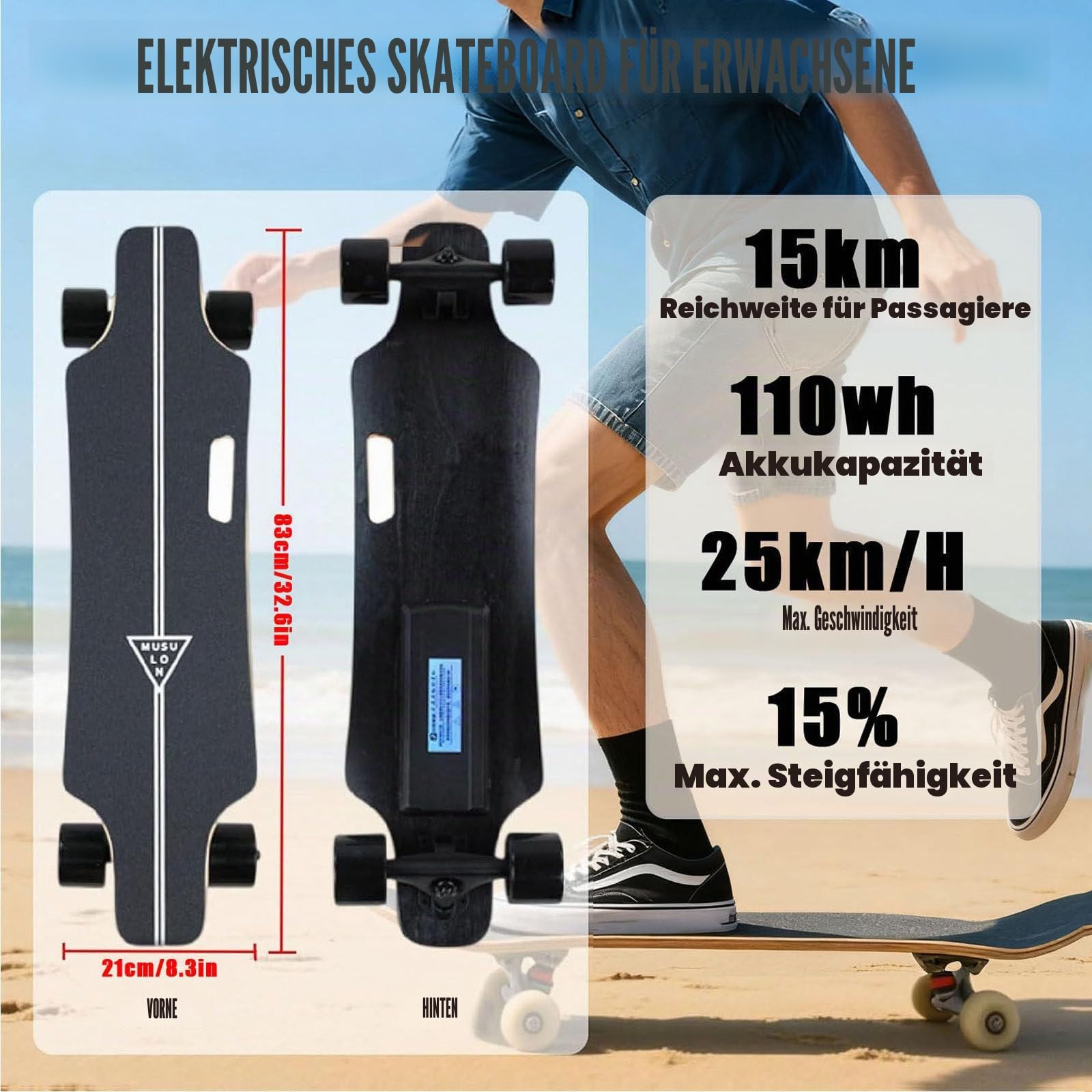Elektro Skateboard Mit Fernbedienung, 350-W-Nabenmotor, 4 Geschwindigkeitsstufen Und 15 Km Reichweite, 90 Kg Tragkraft, Leichtes Longboard Für Anfänger Und Erwachsene
