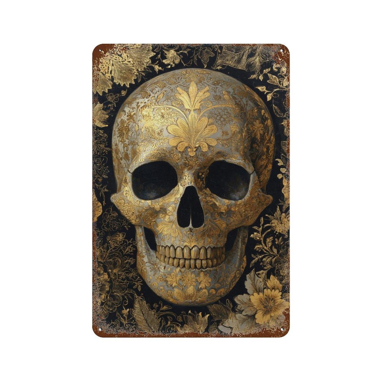 Garage Style Gilded Skull Art Print Aged Metal Wall Plaque 11.8"x7.9", Novelty Wall Decor for Bar And Workshop