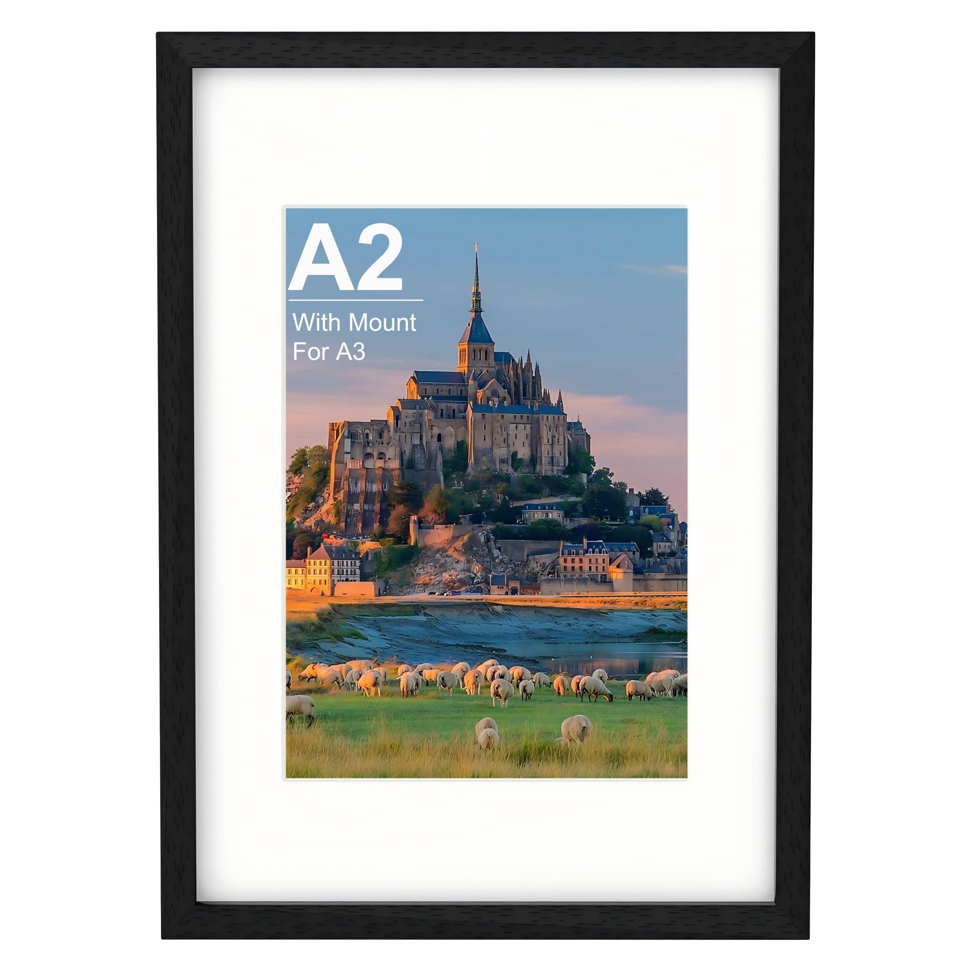 A2 Picture Frame, Black Wooden A2 Photo 42x59.4 cm with A3 Mount, Poster for Certificates and Artwork Wall Mount Horizontal or Vertical