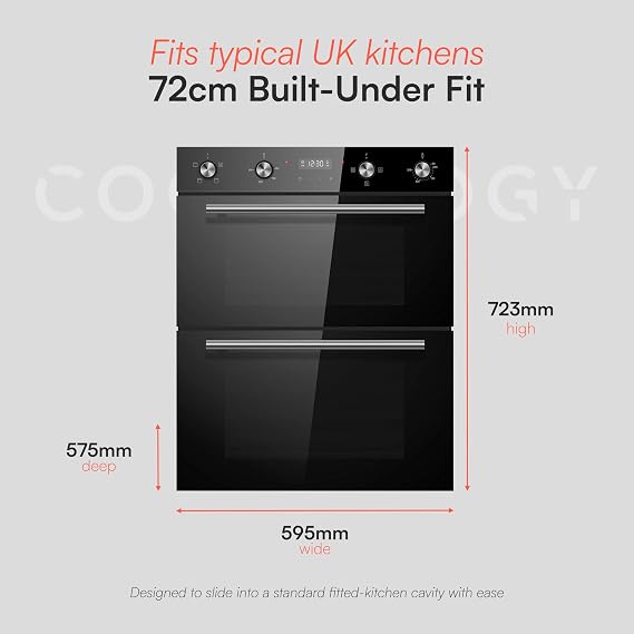 Cookology CDO720BK Built-in Electric Double Fan Oven in Black - Combined 85 Litre Capacity - Integrated Cooker - 6 Cooking Functions - Easy Programmable Timer - Dial Controls & Digital Clock [Energy Class A]