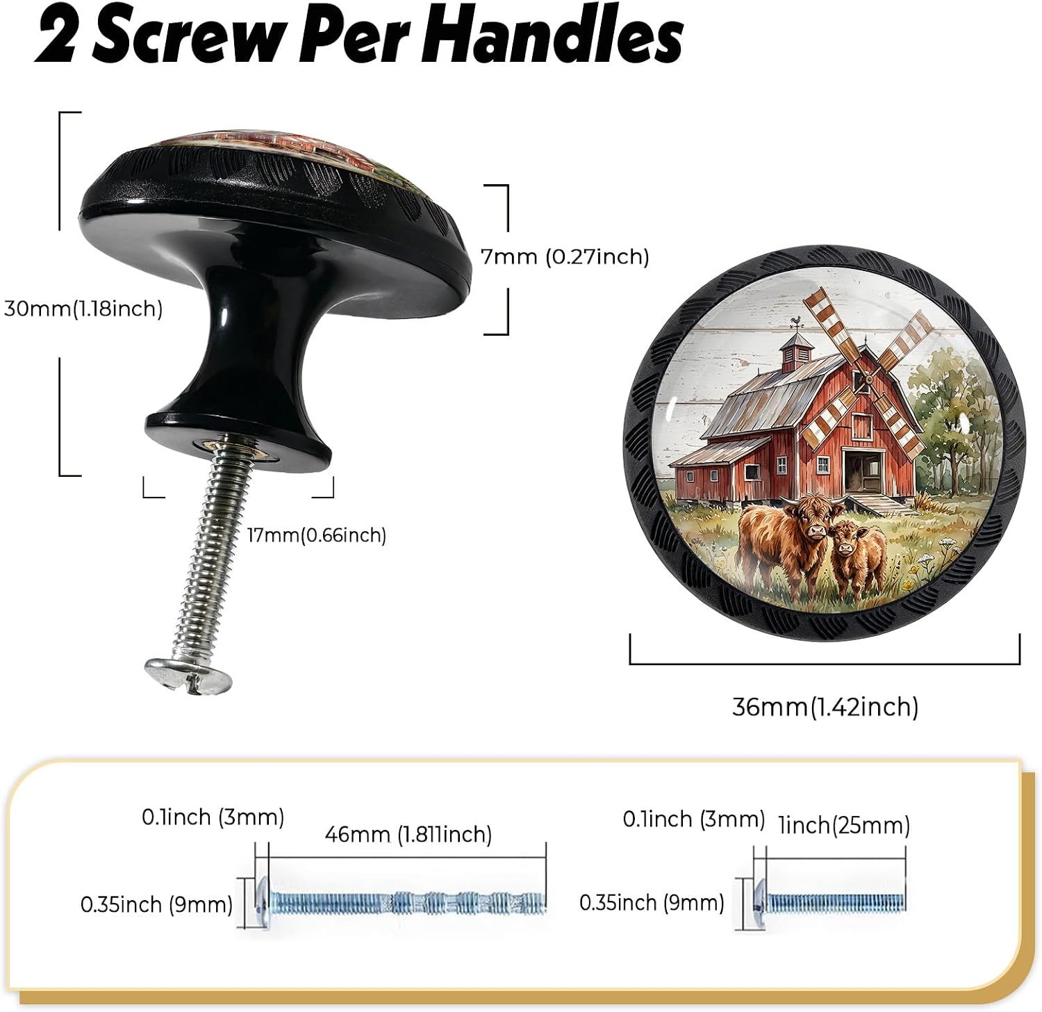 4 Pack Rustic Farm Highland Cow Cabinet Knobs Pulls, Crystal Glass Round Drawer Dresser Knob for Home Dresser Kitchen Wardrobe Cupboard Door Handles