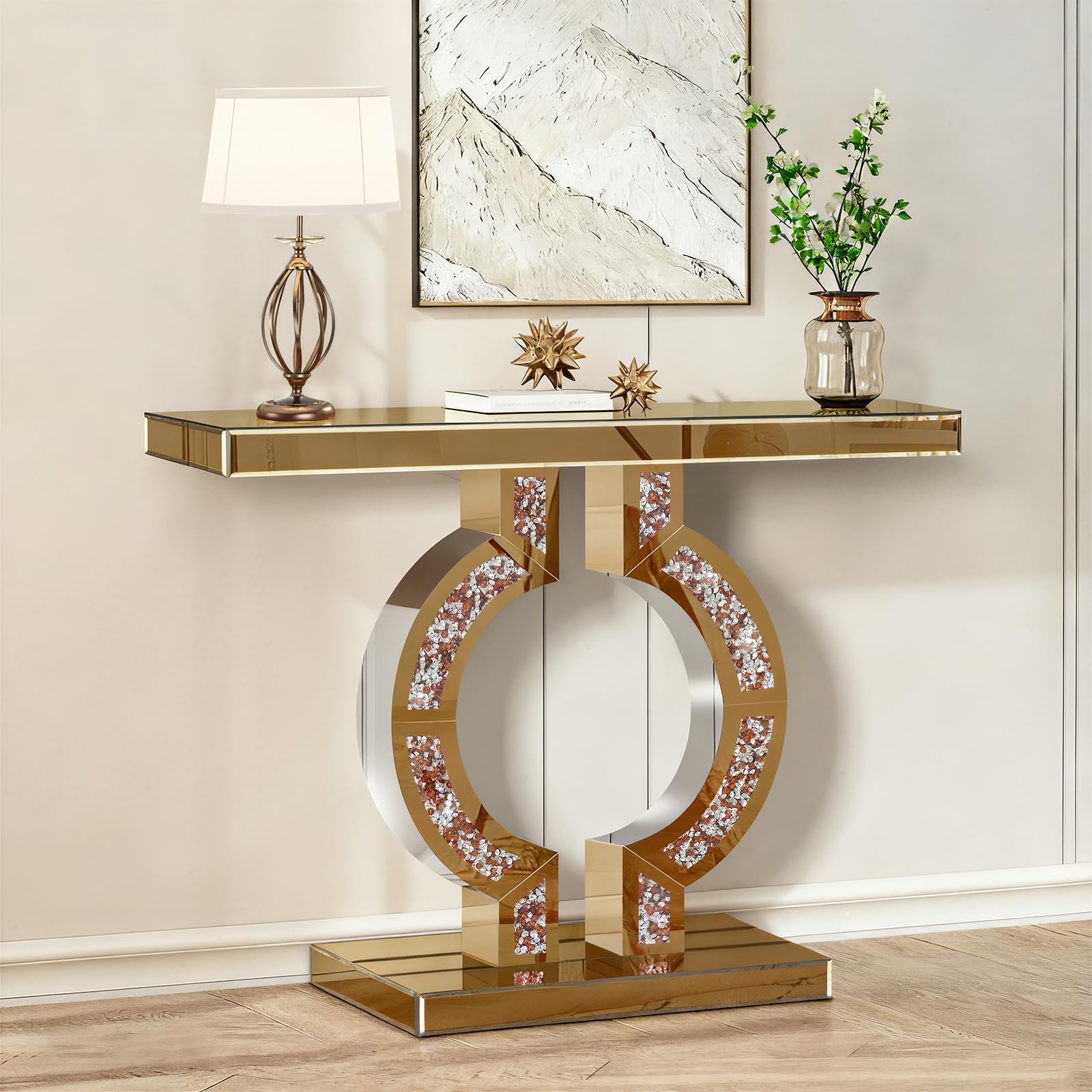 Tea Color Mirrored Console Table with Crushed Diamond Inlay, 39.4'' Long Entryway Sofa Table, O-Shaped Base Modern Accent Narrow Table for Living Room, Hallway, Foyer, Entrance