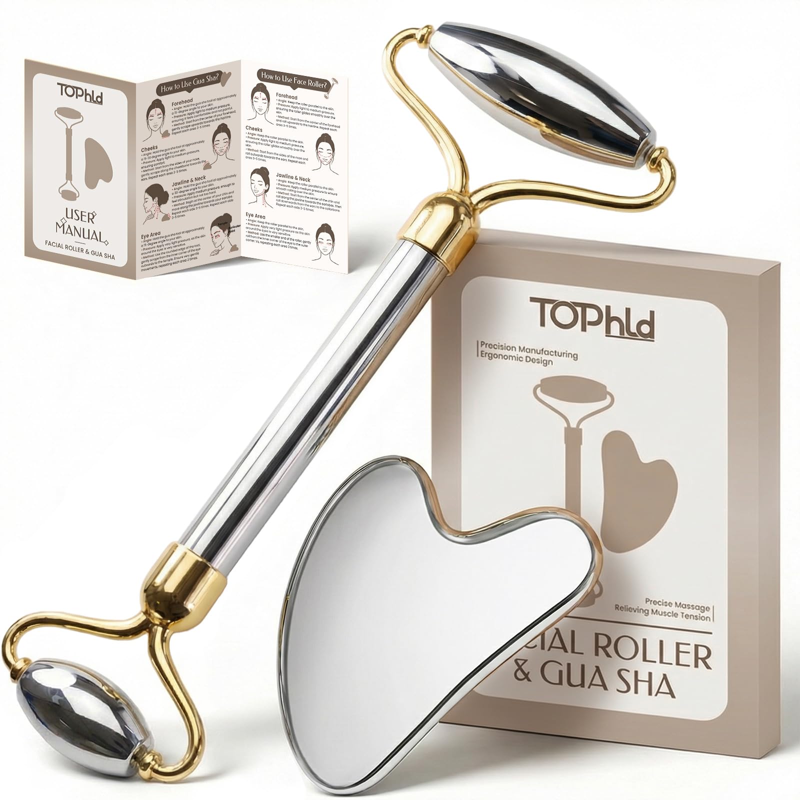 Edelstahl Gua Sha & Gesichtsroller Set, Kühlendes Beauty Massage Tool für Gesicht & Hals, zur optischen Porenverfeinerung, Entspannung & Straffung (Silber)