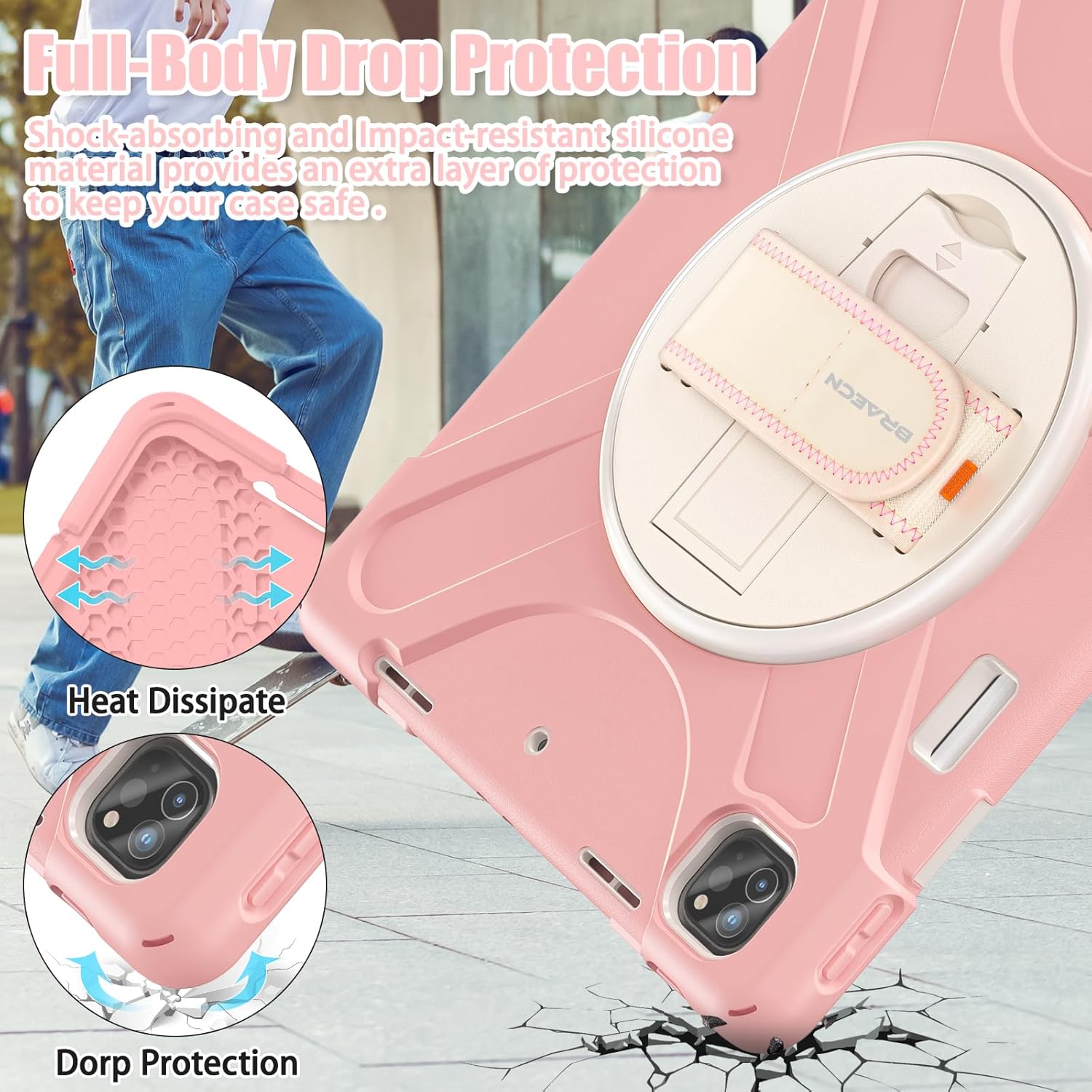 BRAECNstock Kids Case for Apple iPad Air 13 inch (M3/M2)/ Pro 12.9 inch 6th/5th/4th/3rd Gen, Shockproof Protective Case with Pencil Holder, 360° Rotating Stand & Hand Strap, Shoulder Strap, Rose Gold - Image 6