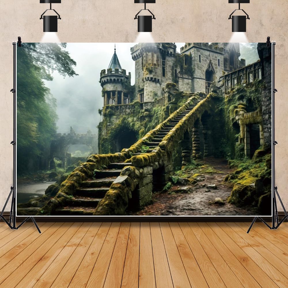 ChloropLastid 10x8ft Enchanted Castle Backdrop Medieval Forest Vintage Smoky Green Jungle Trees Meadow Magic Mysterious Photography Background Adventure Camping Drama Show Party Decor
