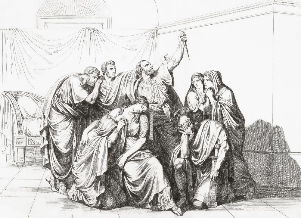 Samobójstwo Lukrecji po jej ie przez Sekstusa Tarquiniusza. Lucjusz Junius Brutus trzymający w górze sztylet, którym Lukrecja zabiła się na śluby zemsty. Incydent doprowadził do obalenia