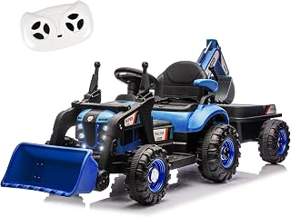 24V Ride on Excavator with 4-in-1 Construction Attachments (Excavator, Dump Truck & Bulldozer), Ride on Tractor w/Remote Control, Swivel Seat, Power Wheels Kids Electric Vehicles (Blue)