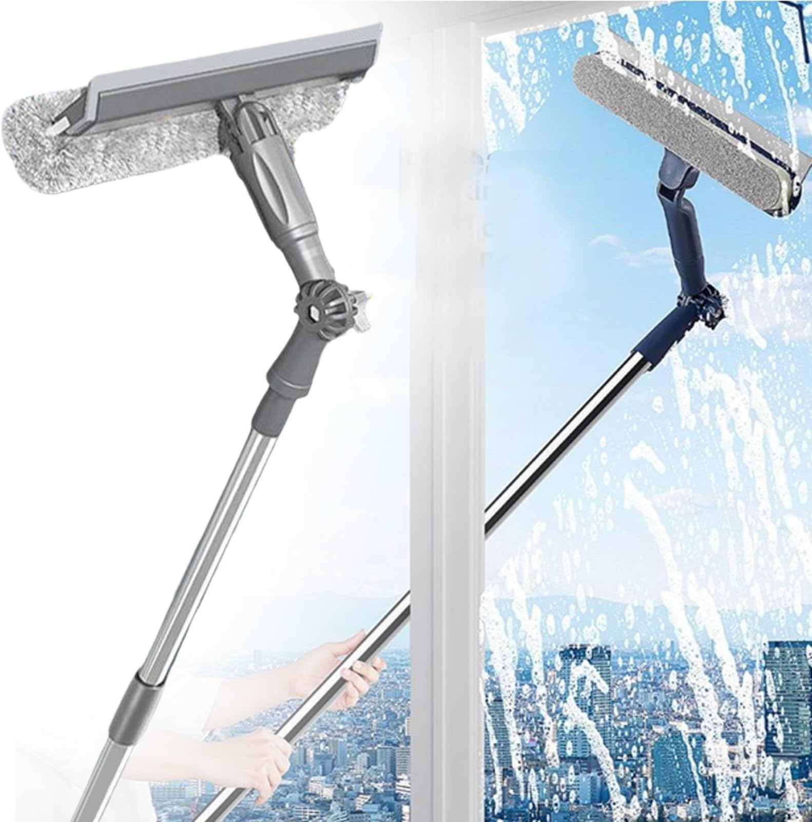 47" Window Squeegee with Extension Pole, 4-in-1 Telescopic Window Cleaner Tool with 2-Stage Telescoping Pole, Extension Washing Tool with Rotatable Clean Head for Indoor/Outdoor High Window Glass