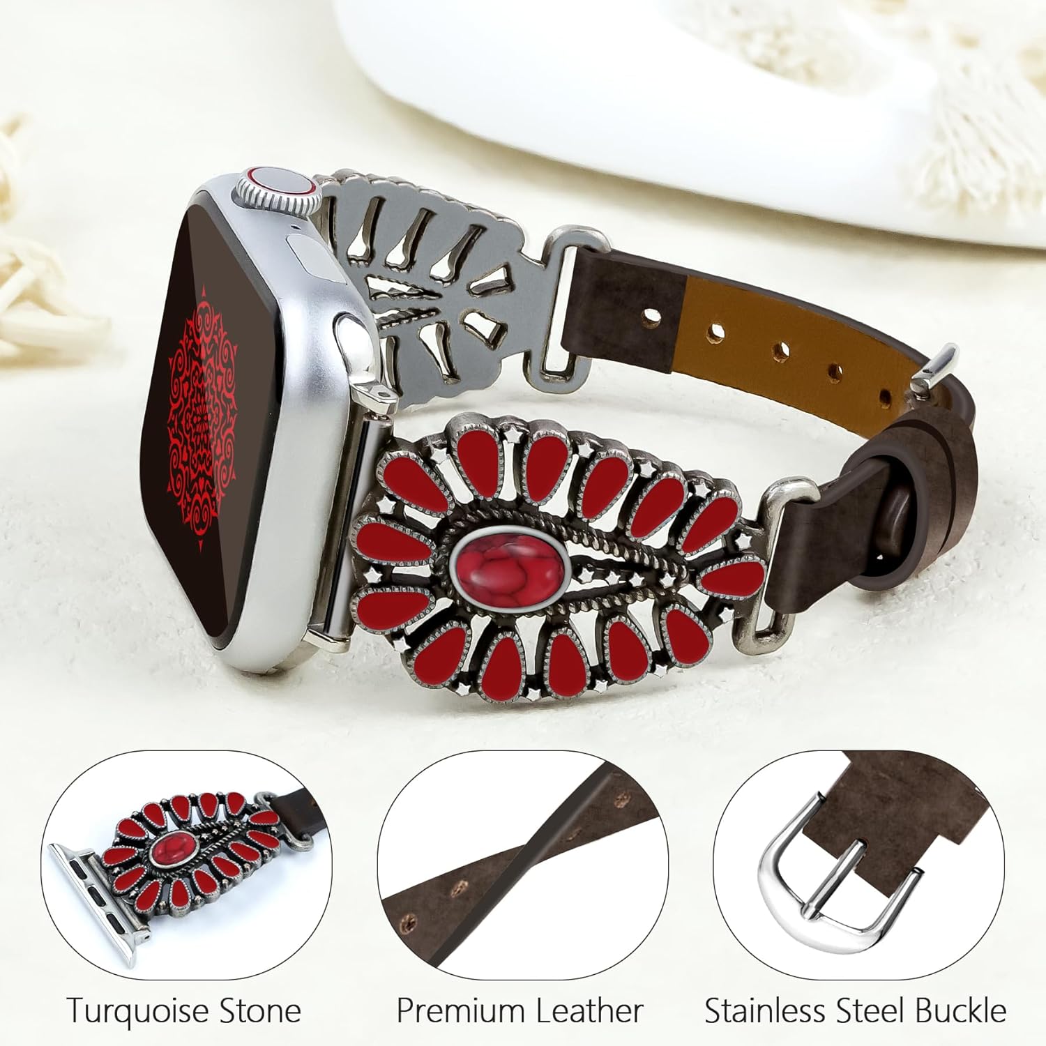 JR.DM Leather Band Compatible with Apple Watch Women 38/40/41/42/44/45/46/49mm Western Designer Boho Turquoise Retro Tribal Classic Straps for iWatch Series 10 9 8 7 6 5 4 3 2 1 SE Ultra