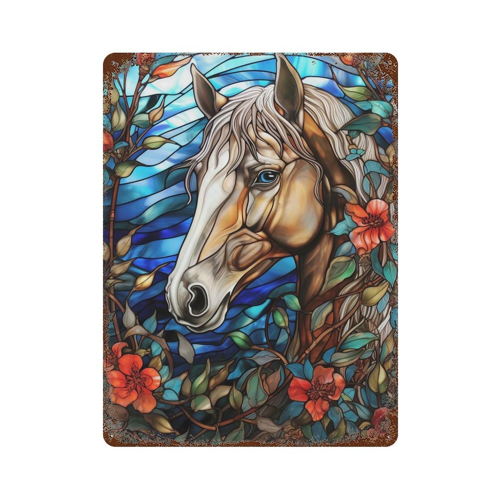 Stained Glass Horse Portrait with Flowers Aged Metal Wall Plaque 15.7"x11.8", Farmhouse Wall Decor for Office, Studio And Wall Decor