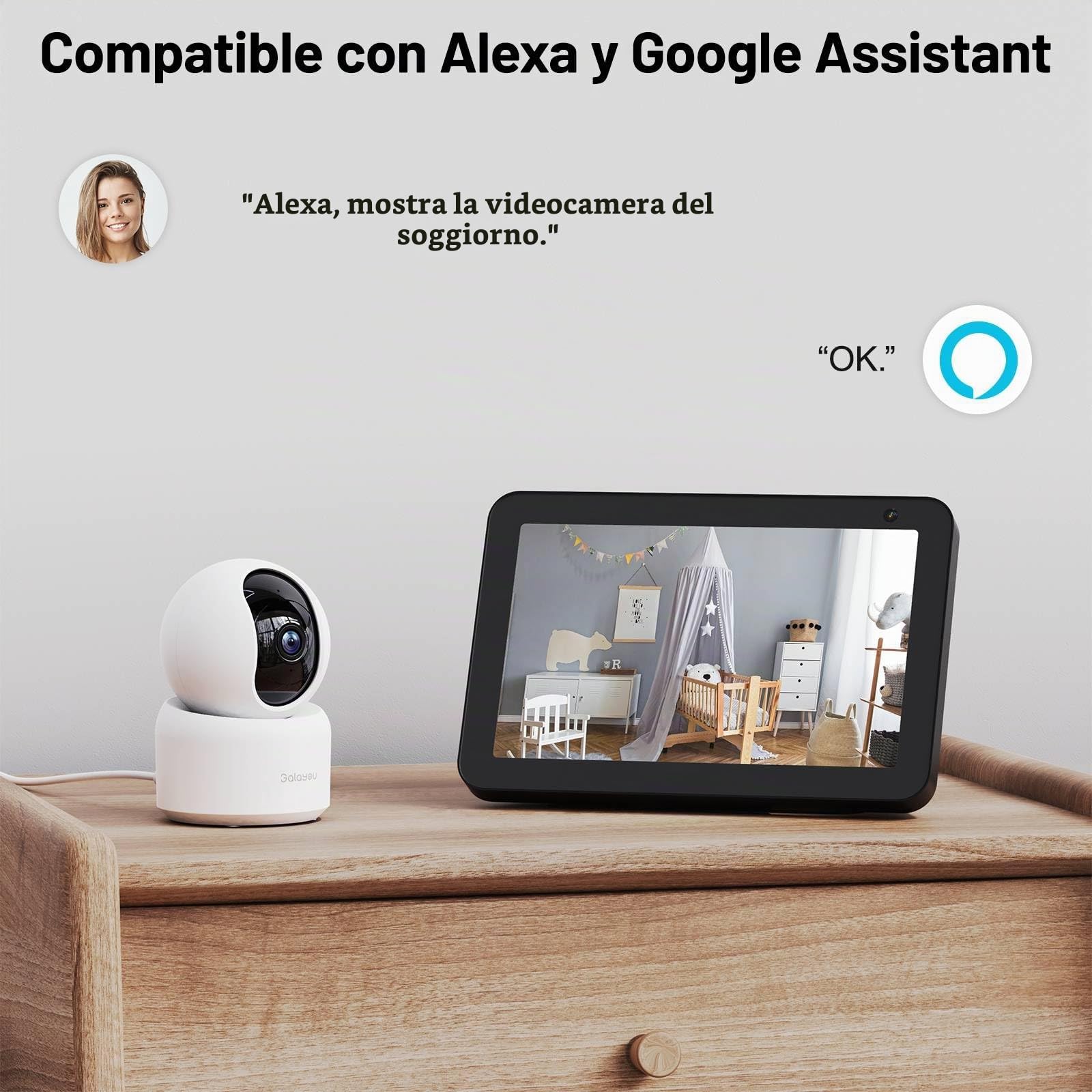 GALAYOU 2K Telecamera Wifi Interno, Videocamera Sorveglianza Interno Wifi, IP Cam 360 con Visione Notturna, Tracciamento di Movimento, Audio Bidirezionale, Funziona con Google Assistant G2