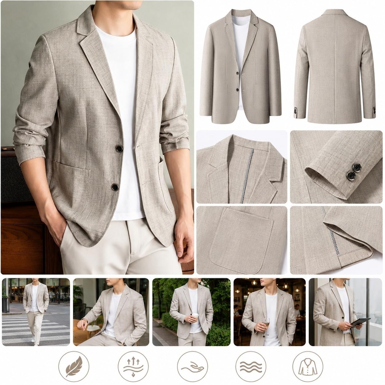 Blazer Estivo Casual da Uomo in Lino Sfoderato con Due Bottoni Revers A Tacca Giacca Sportiva Testurizzata Blazer da Ufficio Leggero per Viaggi Quotidiani.