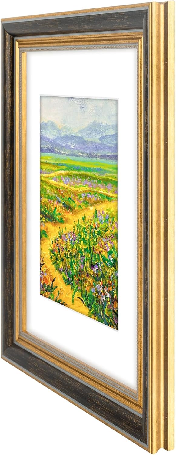 Golden State Art,9x12 Ornate Picture Frame for 6x8 Photo with Mat or 9 x 12 Prints without Mat,Real Glass Wall Display(Color:Black Gold)
