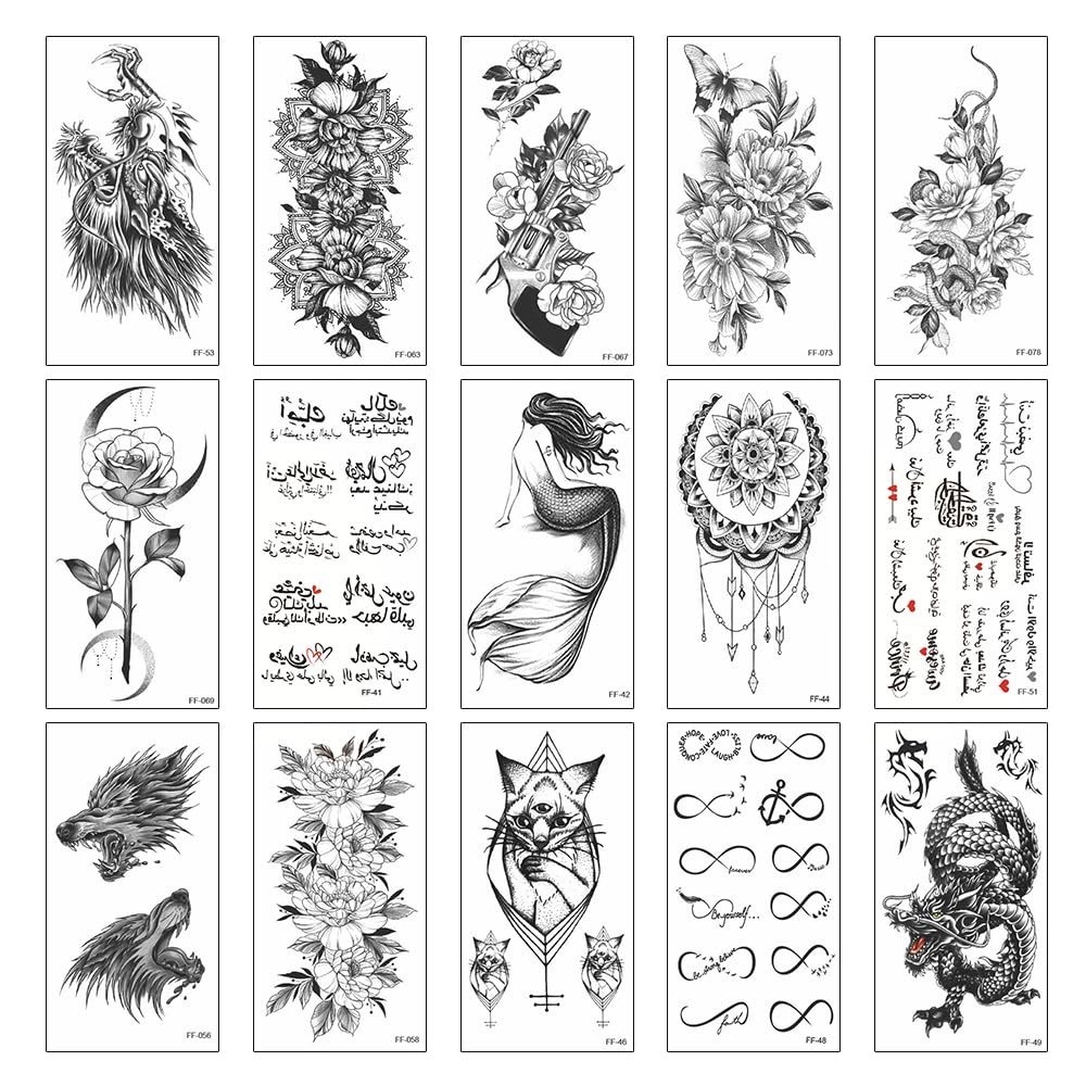 ONEBO 15 Hojas Tatuaje Temporal,Impermeables Tatuajes Temporales Pegatinas,Kit de Tatuajes Temporales,para cuerpo, mano, antebrazo, hombro, tatuajes temporales 3D,para hombres o mujeres