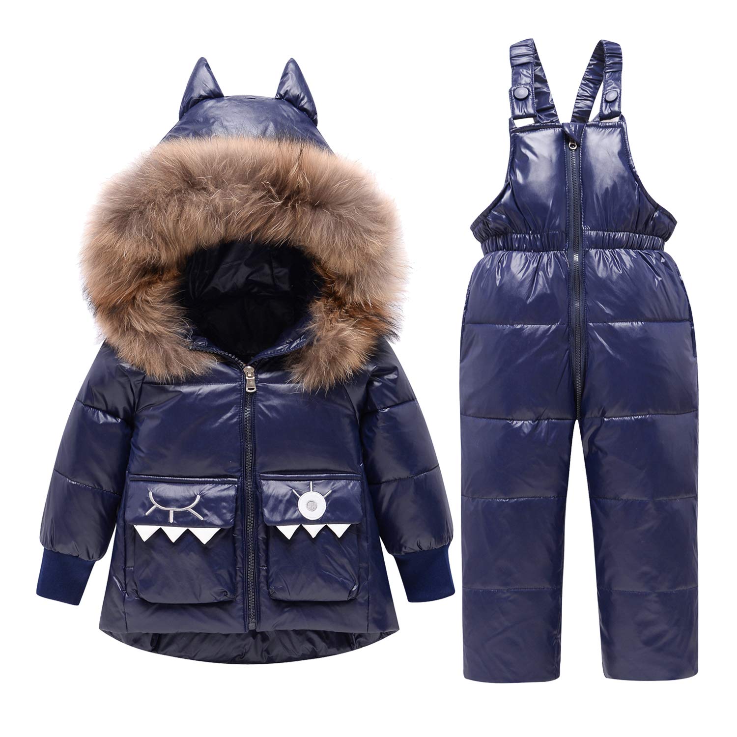 Baby Boys Girls Snowsuit Toddler Winter Hooded Artificial Fur Down Jacket Coat Ski Bib Pants
