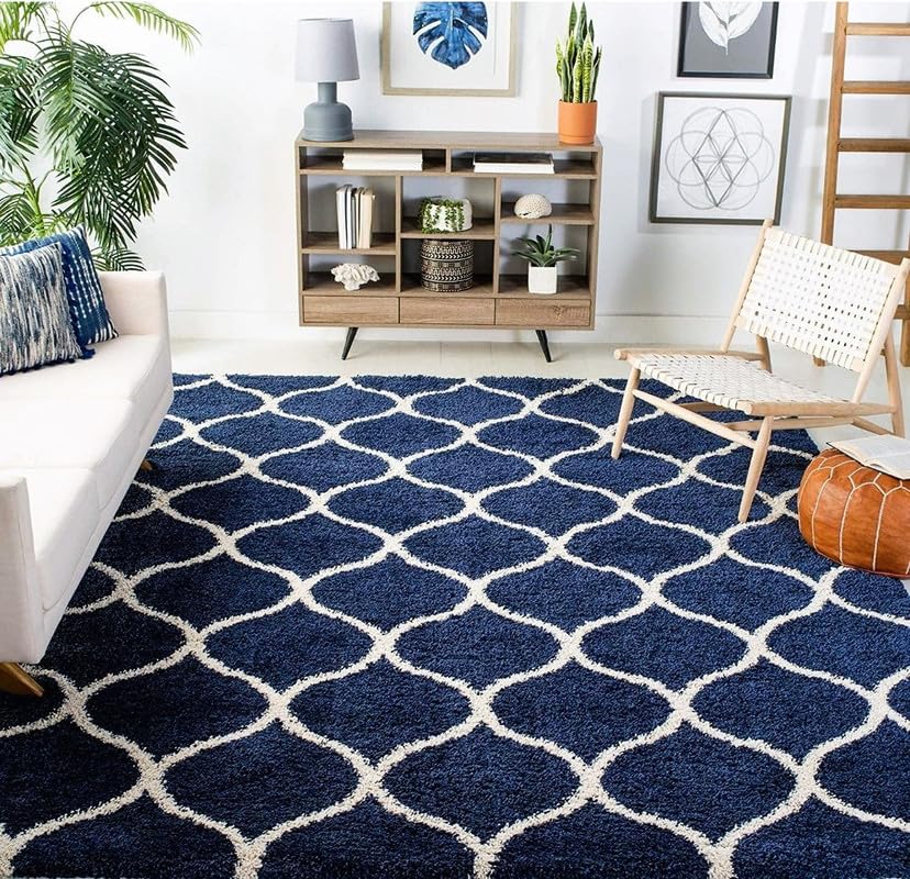 Image of Polyester Fluffy Fur Rugs & Modern Shaggy Floor Carpets for Living Room,Sofa Area,Hall,Kids Room,Guest Room | Elegent Bedside Runners for Besdroom(5X8 Feet Blue Mandir)