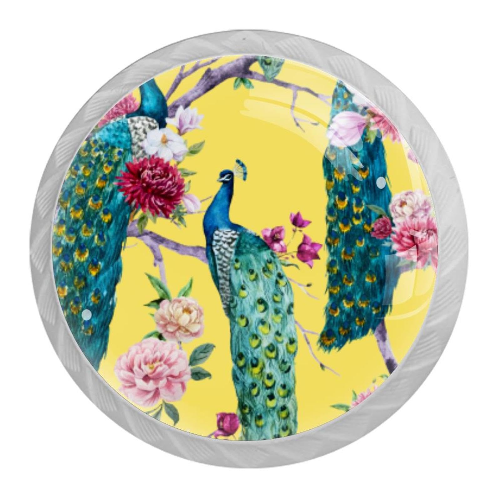 Tqmspg Multi03 4 Pieces Drawer Pulls Peacocks And Blossom Flowers Door Knobs Dresser Handles For Kitchen Wardrobe Cupboard Hardware Furniture