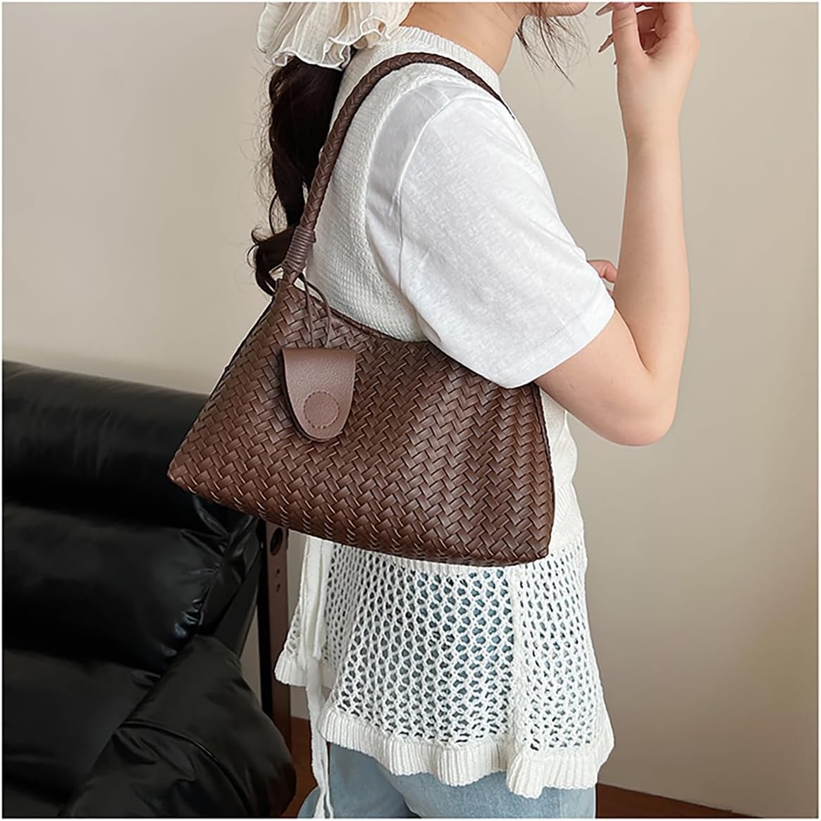 Woven Hobo Bag for Women Fashion Faux Leather Bucket Shoulder Bags Trendy Hobo Tote Underarm Handbags Purse for Work Travel