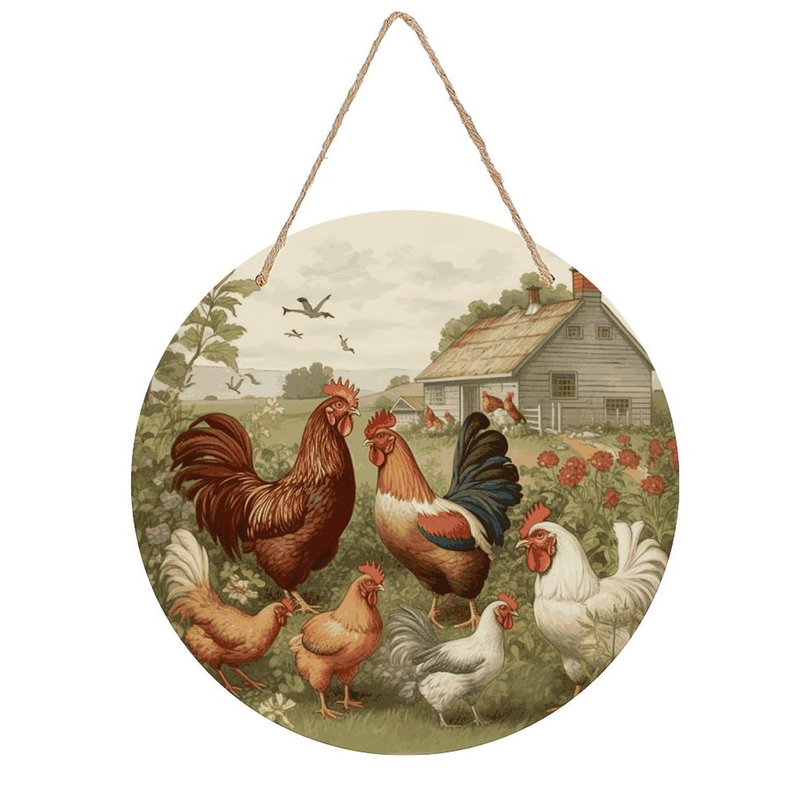 FekiLoot Chickens And Farm Wall Art Decor Round Wood Hanging Sign Decoration Wooden Circle Door Sign Round Hanging Decorative Wood Plaque Door Hanger for Home Outdoor Indoor Decoration