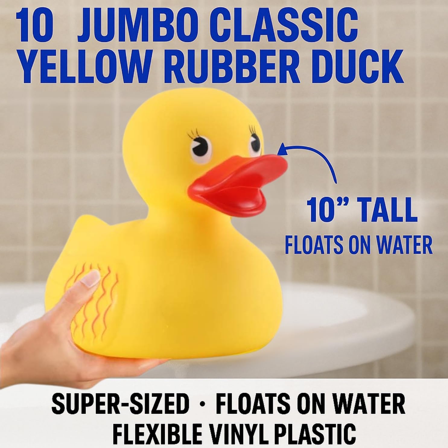 10" Jumbo Classic Yellow Rubber Duck Bathtime Toy, Floating Fun Pool Preschool Bathtub Toy, Giant Flexible Large Yellow Duck for Kids (1)