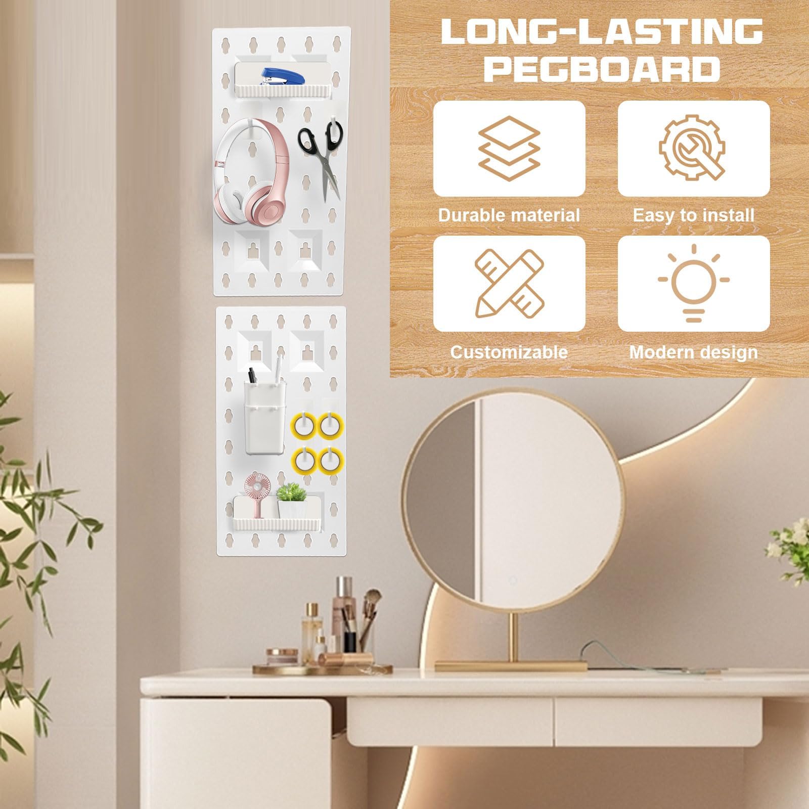 Pegboard, Weiß Lochplatte Schreibtisch, Stecktafel Wand Organizer, Modulares Pegboard-Zubehör, Schreibtisch Pegboard für Home Büro Küche, 3 Stück Stecktafeln und 12 Zubehör