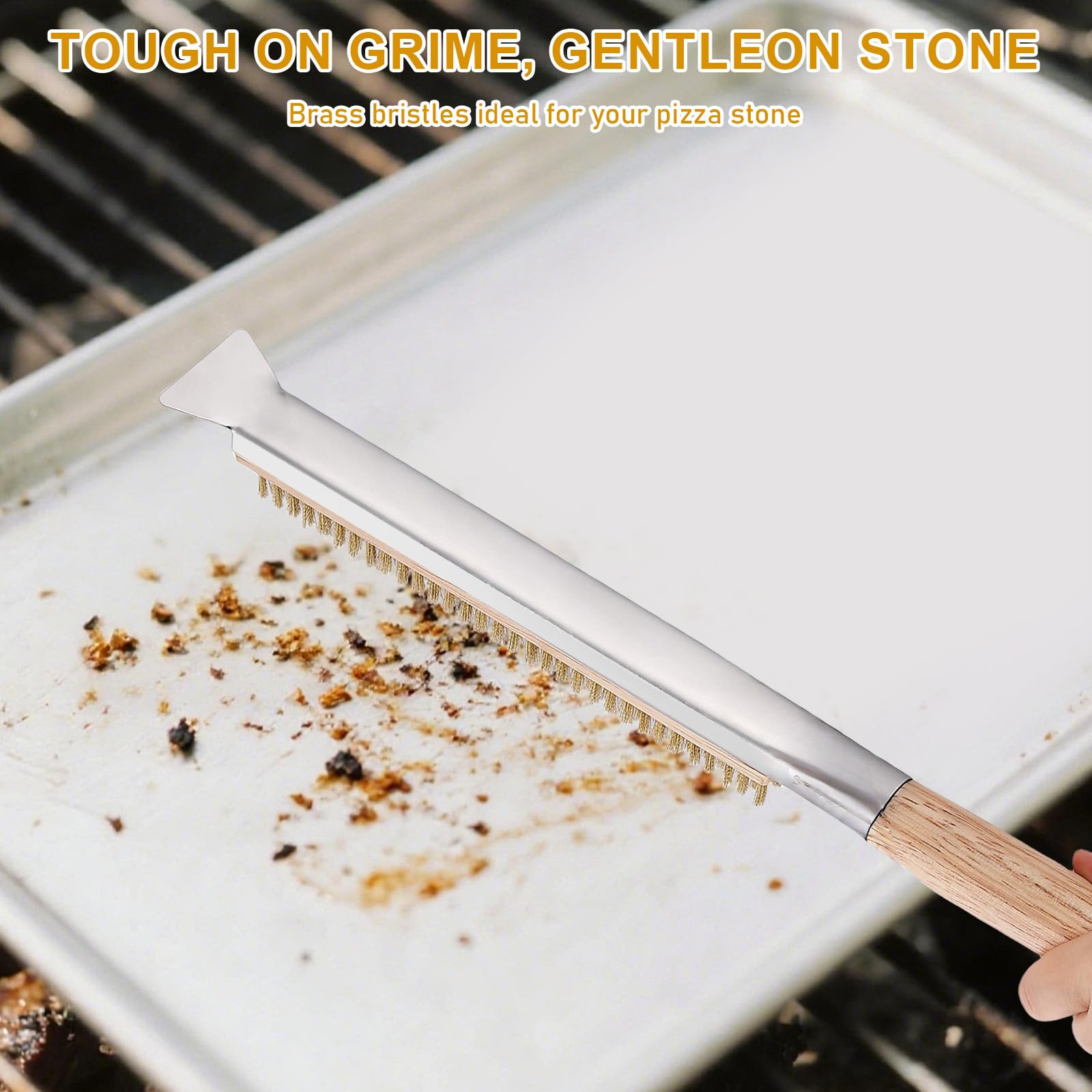 Pizzaofenbürste mit Edelstahl-Steinschaber, 66CM Reinigungsbürste Grill mit Holzgriff und Ring, Pizzasteinbürste für Pizzaofen Gasgrill Ofenbürste, Pizzastein Grillzubehör mit Ersatzbürstenkopf