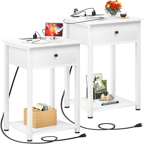 Ecoprsio Nightstand Set of 2 with Charging Station, White End Table Side Table with USB Ports, Wood Night Stand, White Bedside Table with Drawer and Shelf for Bedroom, Living Room, Sofa Couch, White