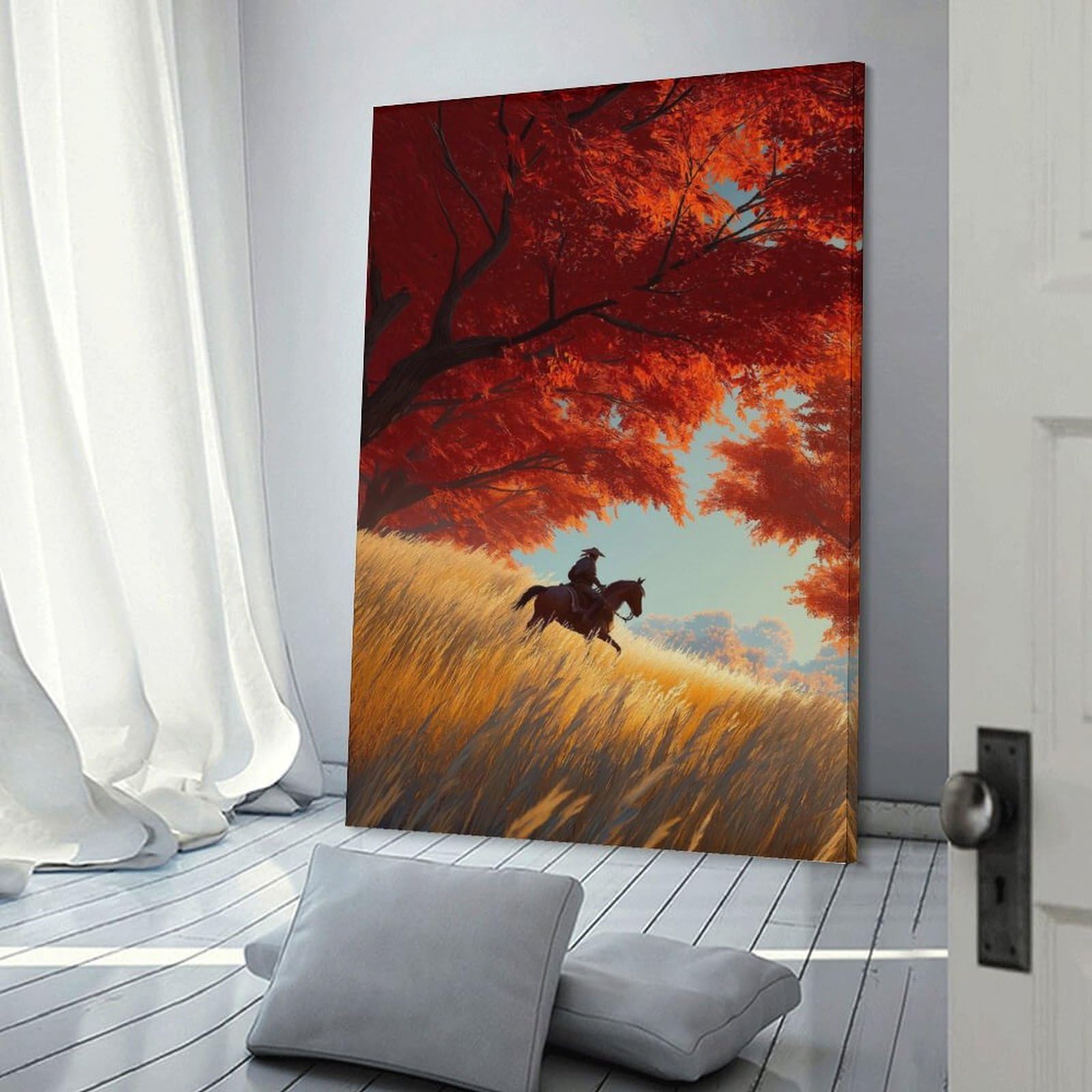 Junmoney Frame-Style-21 Samurai On Horseback In Autumn Landscape Room Decor Wall Art 20X30inch(50X75cm), For Entrance Walls, Hall Decor Or Foyers, A Neat Decor Update For Hallways
