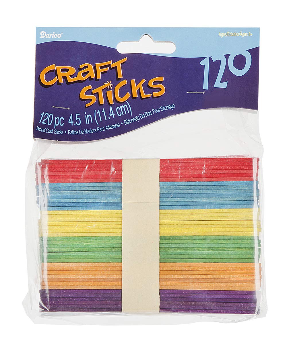 Darice Mor Multi Perfect for Craft Vibrant Fun Colors – Sturdy Wood Sticks Used for Kids Projects, Classrooms, Home and More – 4 1/2” Long, per Pack, 120 Pieces (4.5 Inch), Multicolored, Count