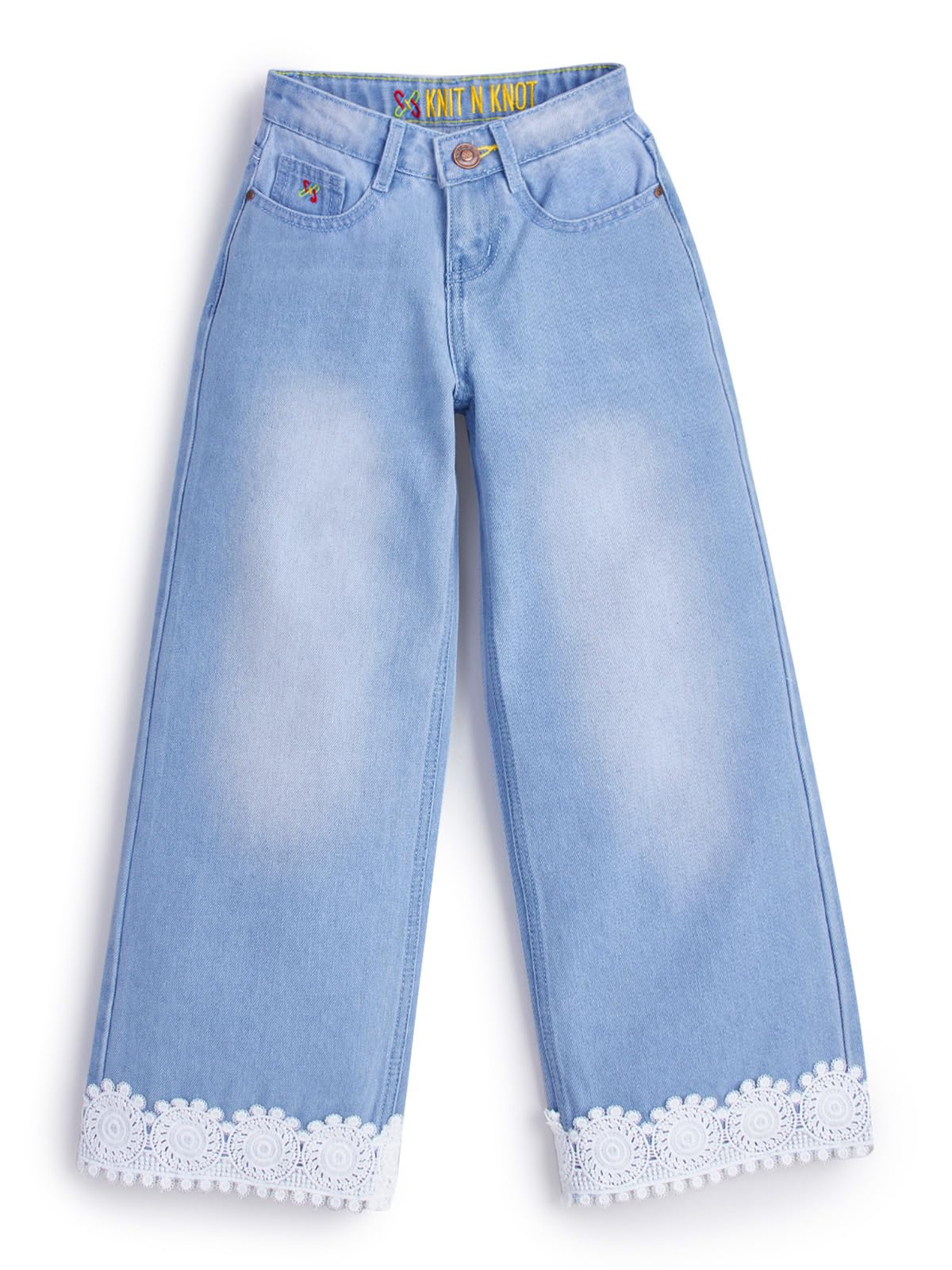 Girls' Kids Light Blue Wide Leg Flared Fit Relaxed Loose high Rise Jeans with Attached Embroidered Floral Lace Bottom | Casual Festival Occassional wear | Non Stretch |Adjustable Waist