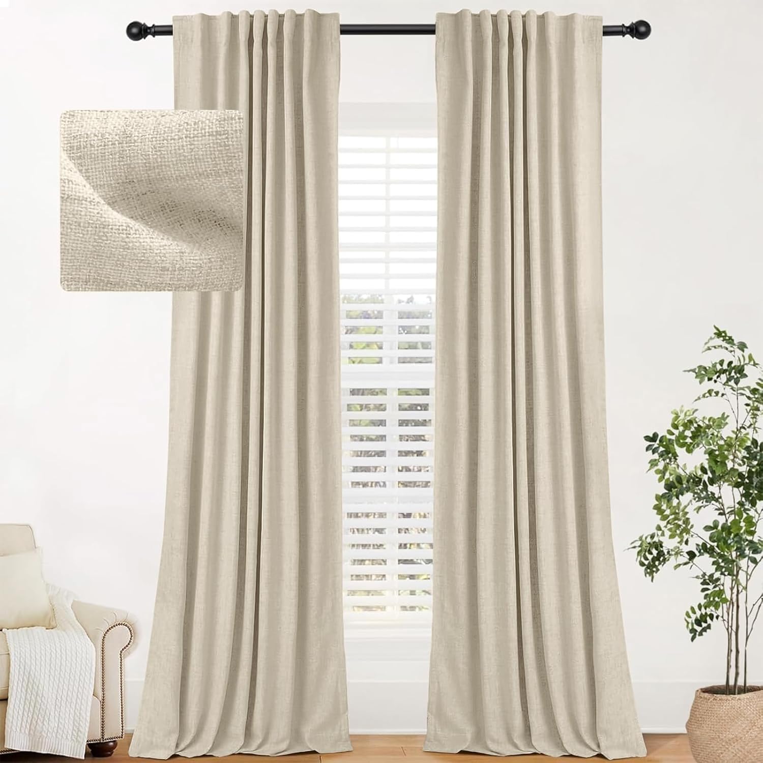 INOVADAY 100% Blackout Curtains for Bedroom, Thermal Black Out Curtains, Back Tab/Rod Pocket Linen Blackout Drapes, Room Darkening Drapes for Living Room, 52''W x 120''L, Natural