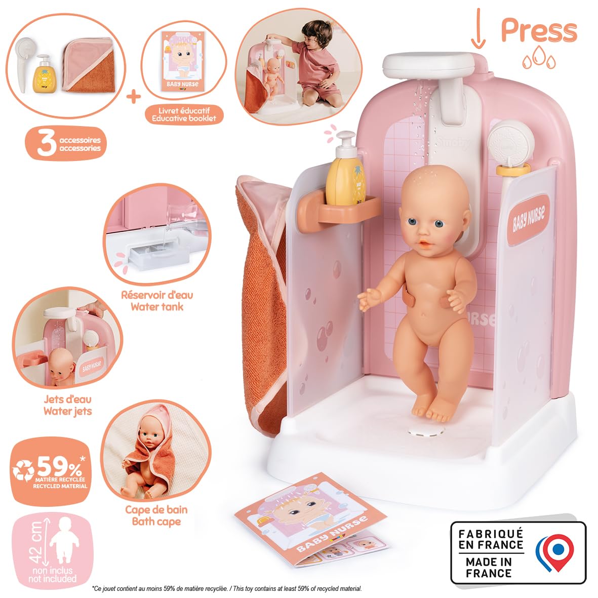 Smoby - Baby Nurse - Doccia - per Bambole Fino a 40 cm - Soffione Doccia Funzionale - Numerosi Accessori - Materiale Riciclato - dai 3 Anni
