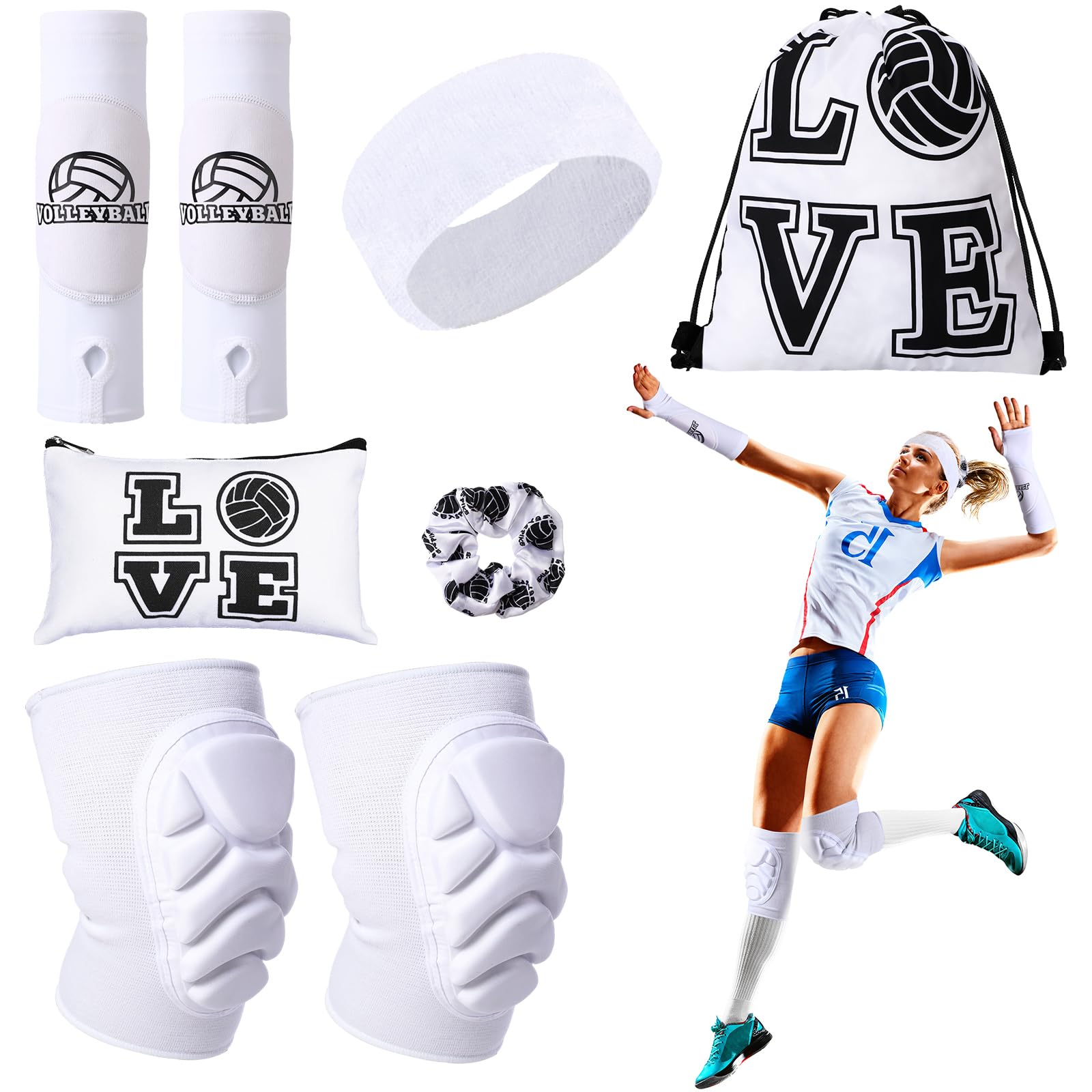 Vabean 8 Pcs Volleyball Accessories,Include Volleyball Arm Sleeves Knee Pads Sport Hair Scrunchies Sweat Band Drawstring Bag Cosmetic Bag Wrist Guard
