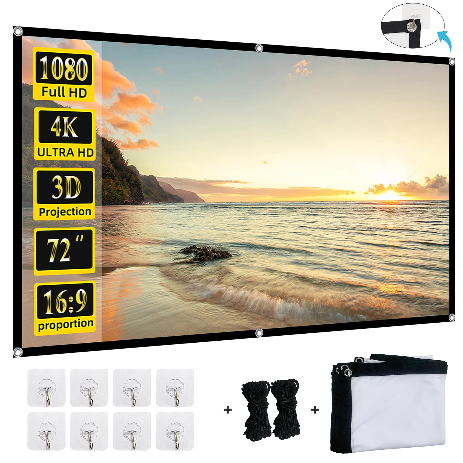 Foldable Projector Screen, XINLEMY 72" 4K 16:9 HD Portable Projection Movie Screen Double-Sided Cinema Screen for Home Theater Backyard Indoor and