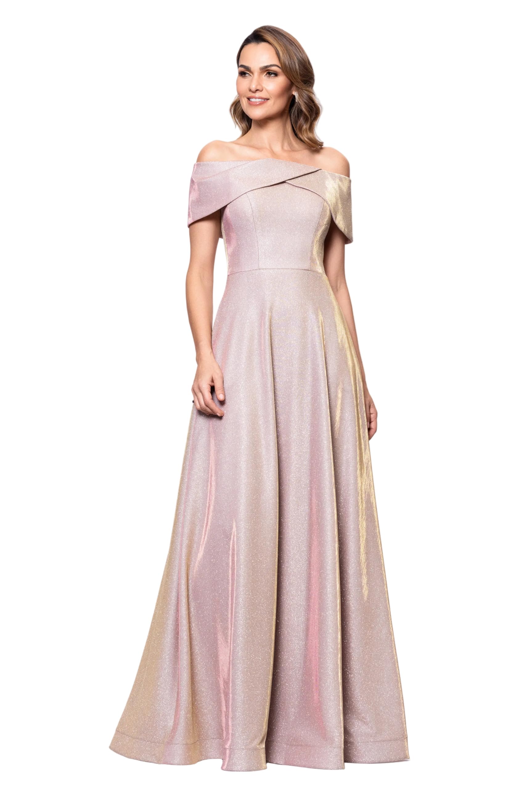 Betsy &amp; Adam Women's Floor-Length, Off-the-Shoulder, Glittered, with A-Line Silhouette, Whtpinkgld, 12