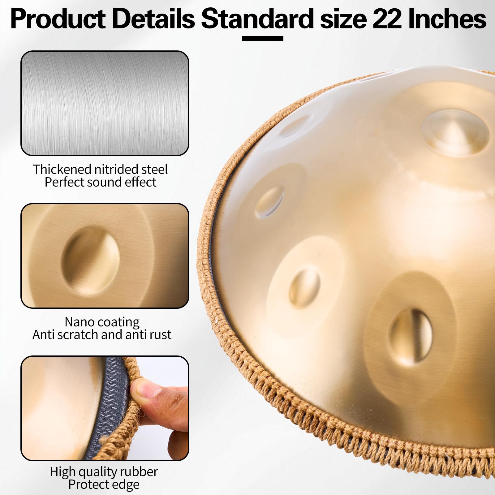 Handpan, strumento da 22 pollici, 10 note, 432 Hz, Hand Pan, Handpan Drum in Re minore, con borsa per tamburo, bacchette, supporto Steel Pan, per principianti, professionisti, musicoterapia