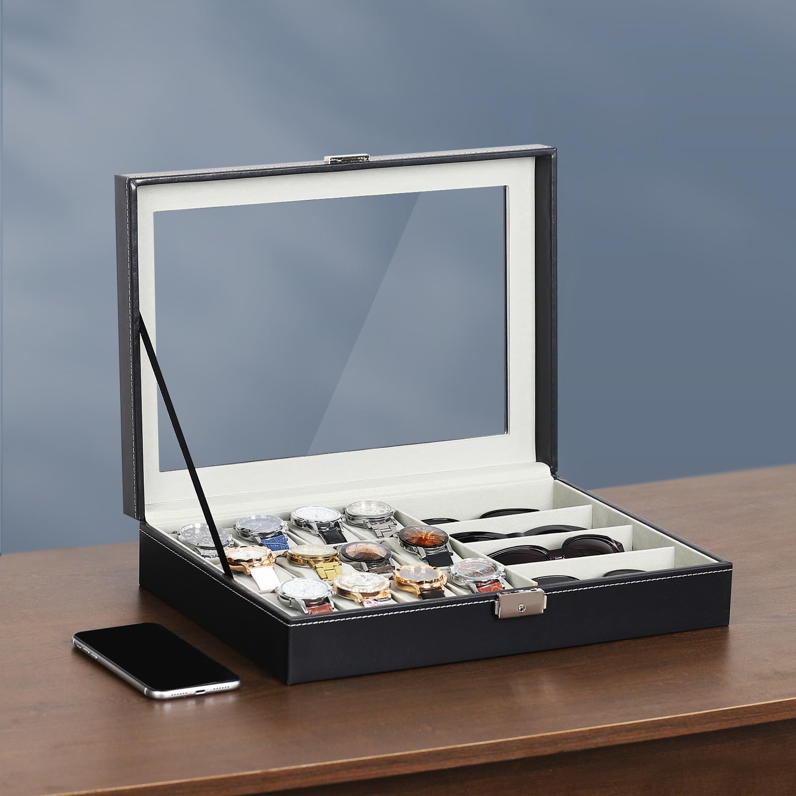 AUTOARK Caja de cuero para 12 relojes y organizador de lentes de sol de 4 piezas,para hombre y mujer,tapa grande de cristal,Negro,MKAW044