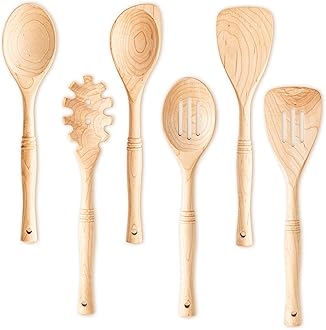 Gudamaye 6 PCS 12 inch Premium Maple Wood Kitchen Utensils for cooking,Wooden Spoons for Cooking, Wooden Utensil for cooking,Spatula,Slotted Spatula,Corner Spoon, Spaghetti,Spoon and Slotted Spoon