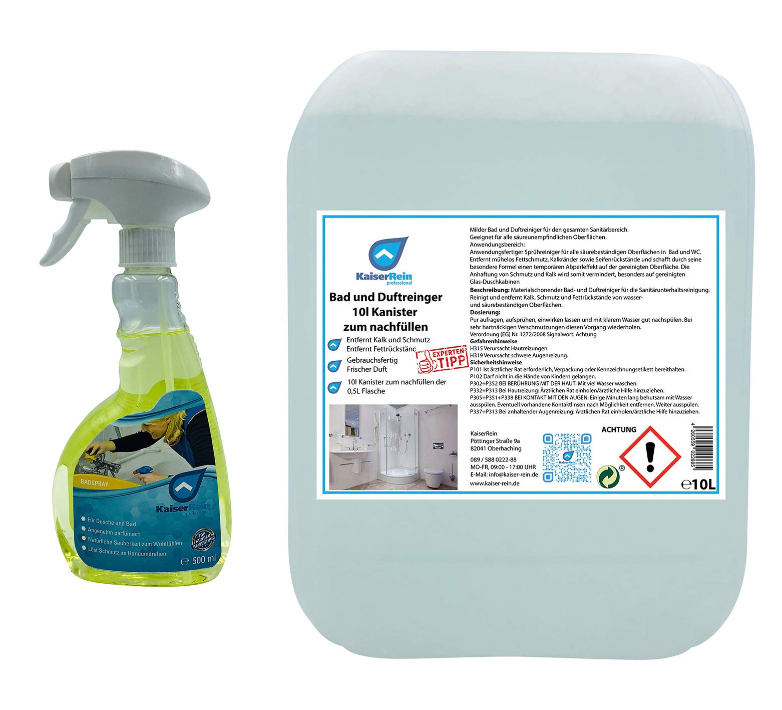 KaiserRein Badreiniger & Duft-Reiniger Kalkreiniger 10 L Kanister Nachfüllkanister Sanitärreiniger Kanister + Spray-Flasche