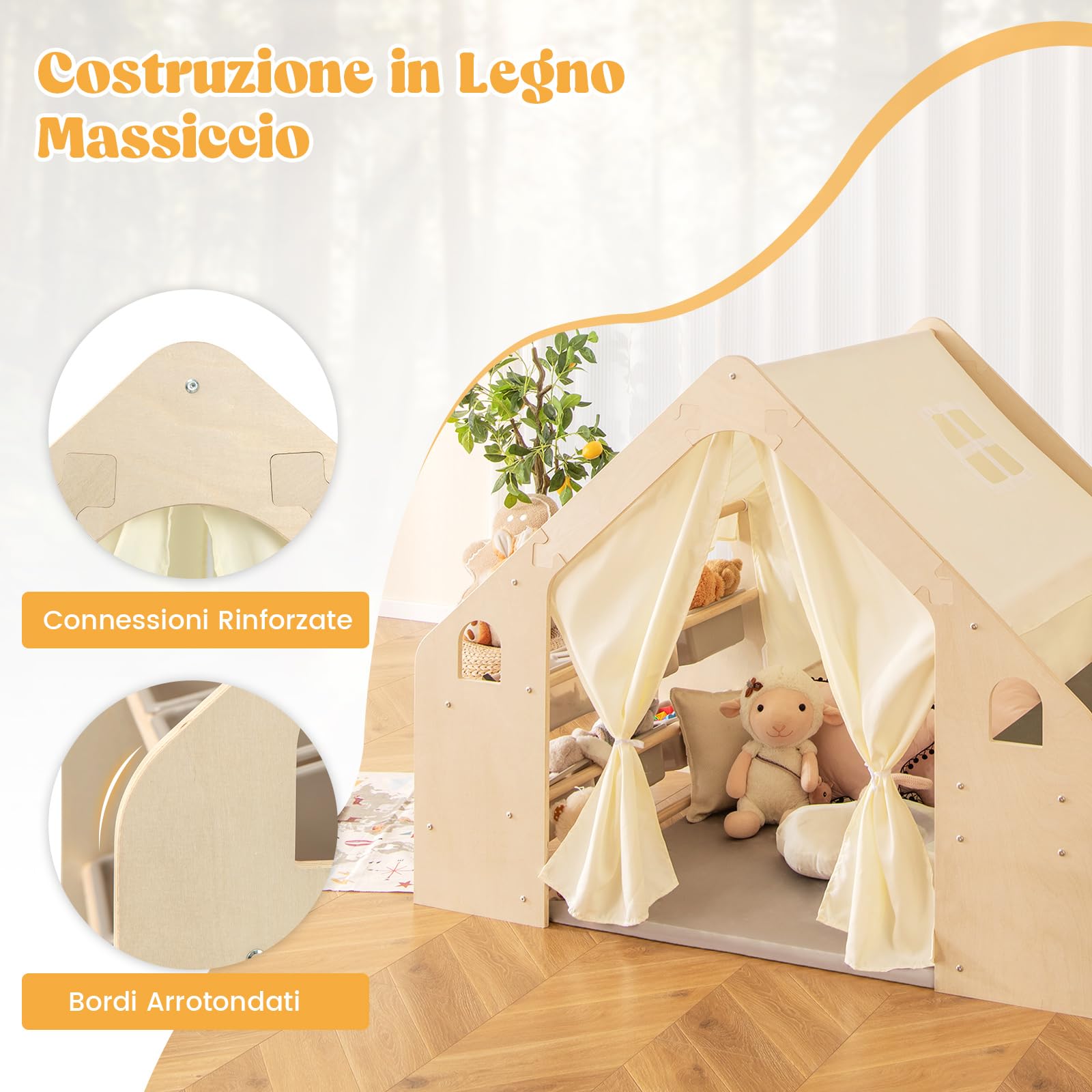 COSTWAY 6 in 1 Tenda per Bambini in Legno, Tenda Casetta da Gioco con Tavolo e Sedia, con Tappetino Lavagna e 6 Scatole Portaghiochi, Capanna per Bambini (Beige 98 x 145 x 113 cm)