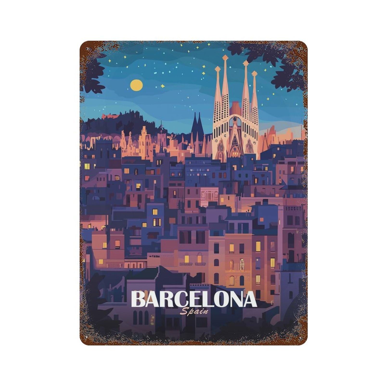 Barcelona Spain Cityscape at Night 15.7"x11.8" Rust Effect Tin Sign, Decorative Metal Wall Art for Garage, Bar And Workshop Decor